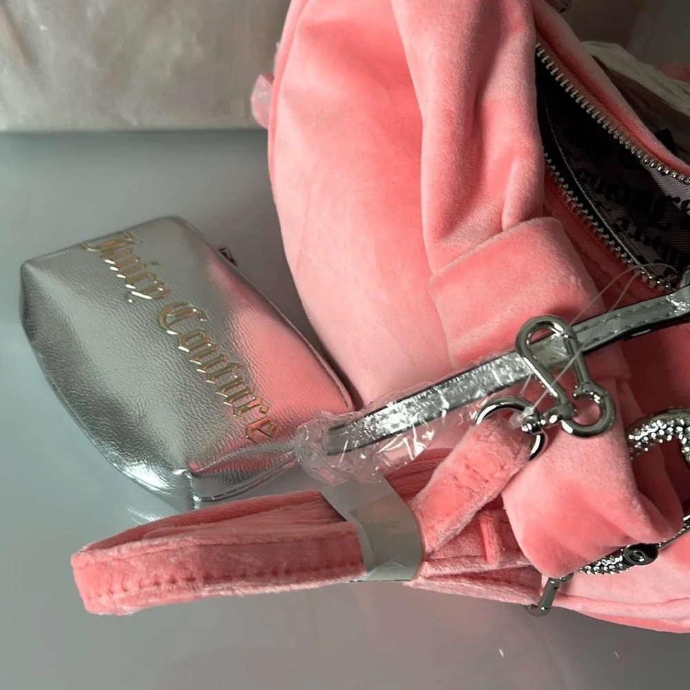 Pink Velour Rhinestone Hobo Bag